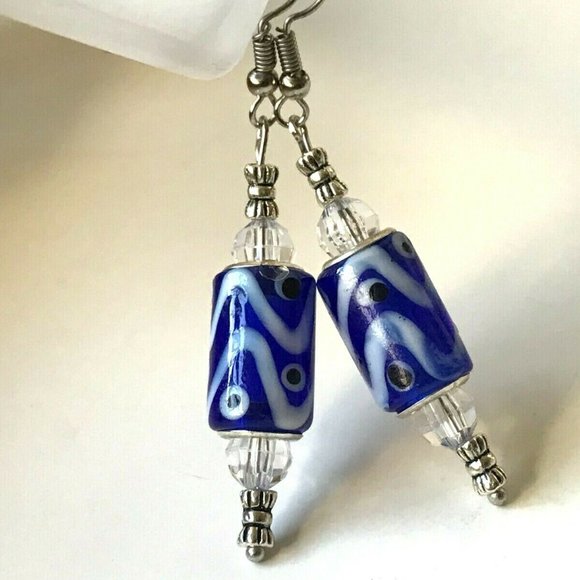 Silver Murano Art Glass Bead Earrings Blue White Cylinder Beads Dangle Plated - Picture 5 of 8